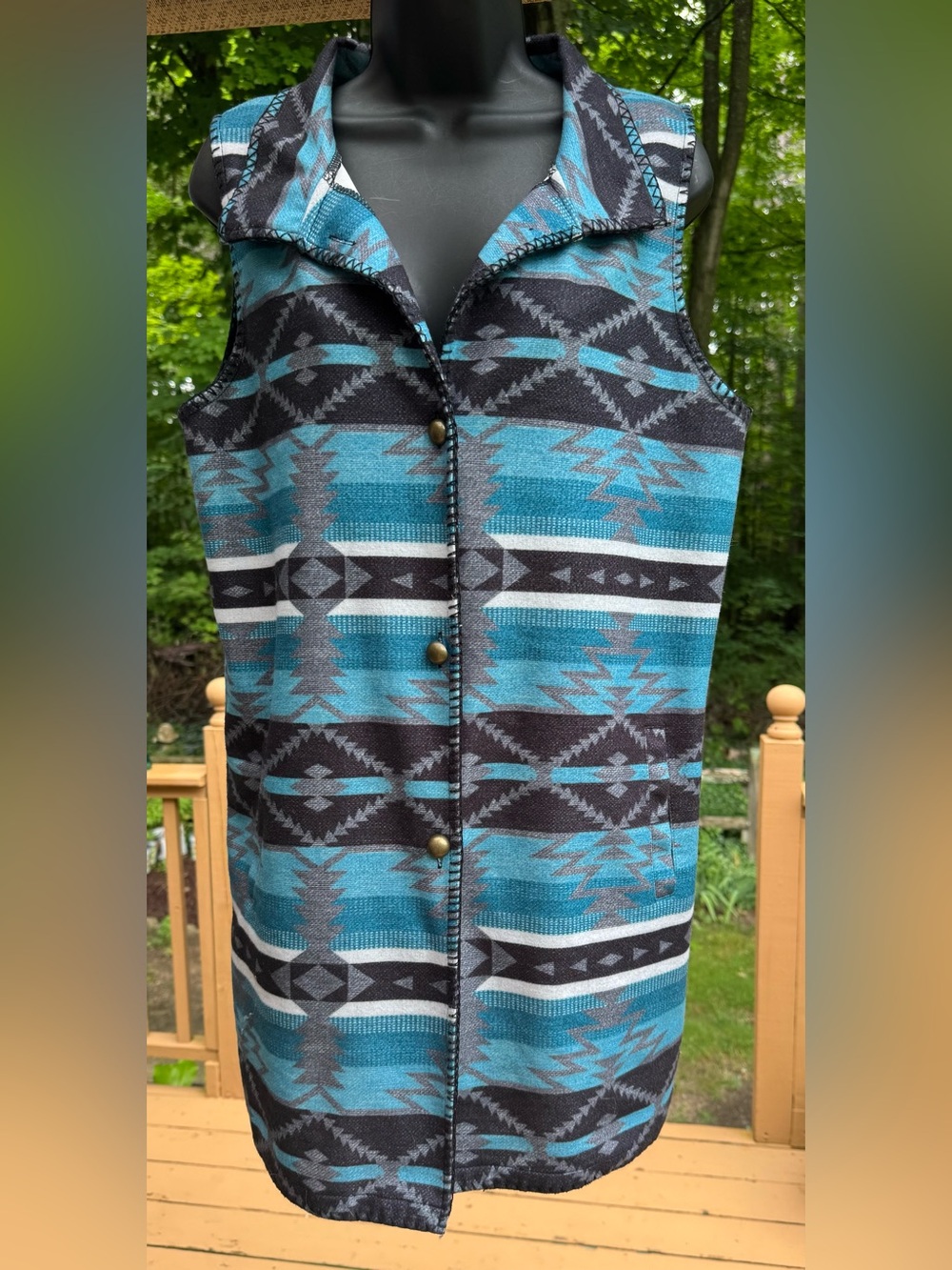 Turquoise Aztec-Pattern Button-Down Vest